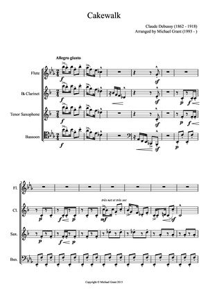 First page of 'Cakewalk' by Claude Debussy, arranged for woodwind quartet by Michael A. Grant