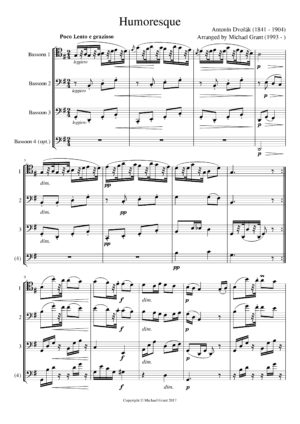 First page of 'Humoresque' by Antonin Dvorak, arranged for bassoon quartet by Michael A. Grant