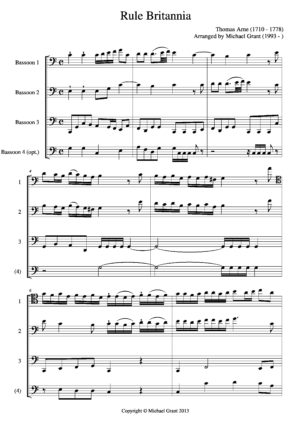 First page of 'Rule Britannia' by Thomas Arne, arranged for bassoon quartet by Michael A. Grant